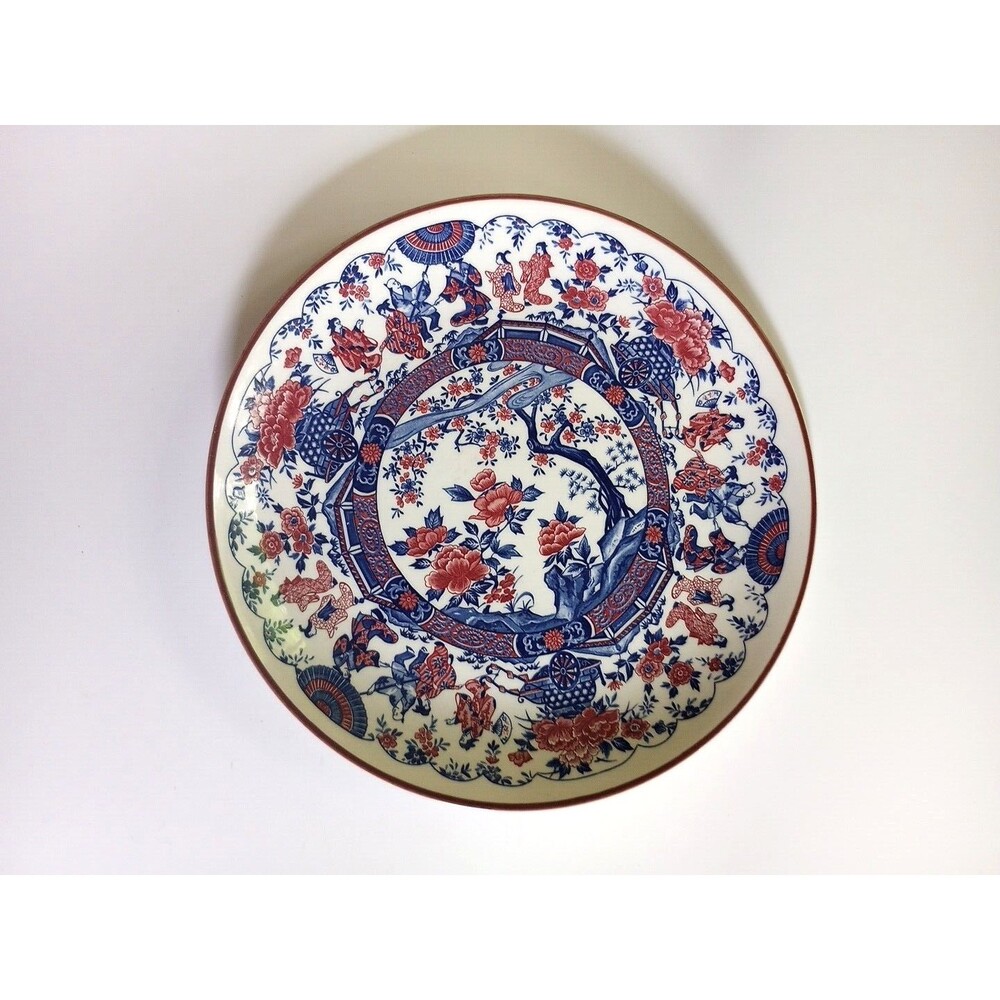 VTG TOYO Japan Imari Platter Round Charger 12.75” Red Flowers Blue & White Plate